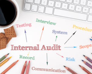Internal audit diagram with keyboard and coffee cup